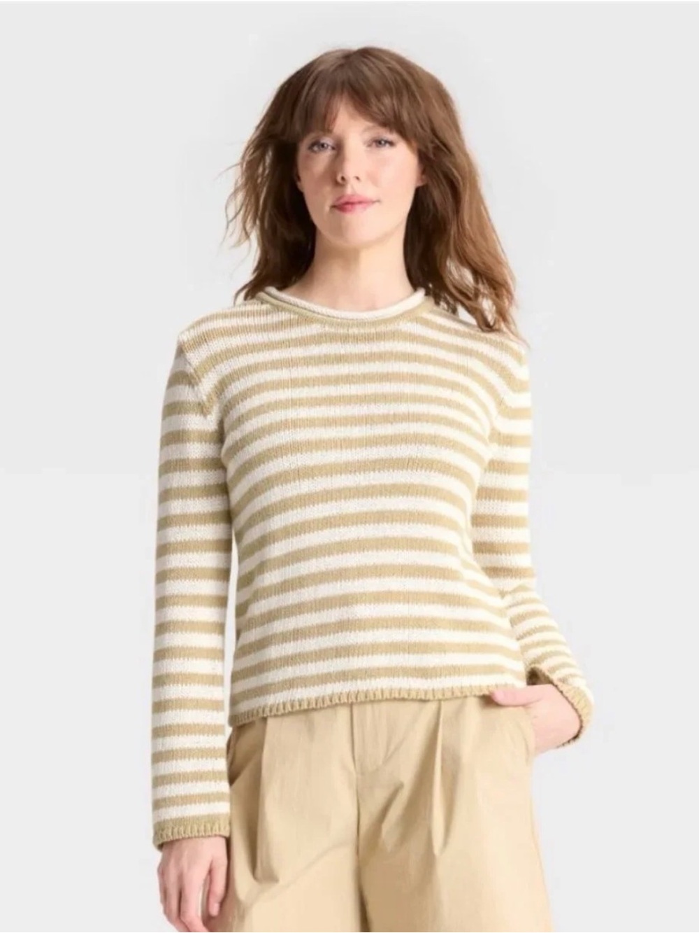 Shrunken Crew Rollneck Sweater Cotton - A New Day Target Tan/White Stripe XL